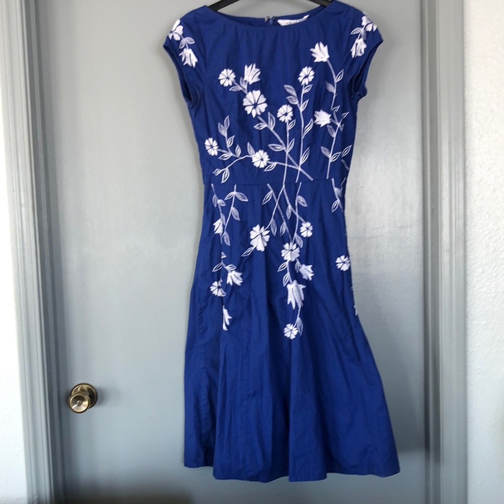 Eshakti Royal Blue Floral Embroidered Poplin Fit and Flare Dress Size M /8 Retro